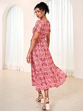 abordables Robes de vacances-robe longue en mousseline de soie à fleurs et feuilles pour femmes, col noué, manches courtes, été