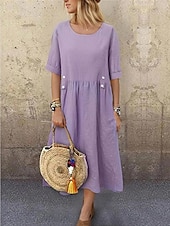 abordables concevoir des robes en coton et lin-Femmes Blanche Violet Vert Été Printemps Robe Midi Robes inspirées du lin Robe Blanche Robe Décontractée Basique Quotidien Week-end Coupe Ample Uni Col ras du cou