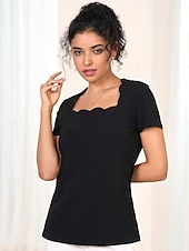 abordables T-shirt uni-T-shirt à encolure festonnée pour femme, manches courtes, couleur unie, coupe slim, extensible, décontracté, mode, noir
