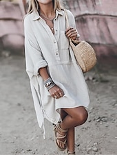 preiswerte Weiße Freizeitkleider-Damen weißes Kleid Hemdkleid Minikleid Date Urlaub Basic Modern Hemdkragen Knopftasche Langarm Sommer Frühling Loose Fit Uni