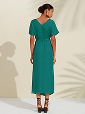 Robe midi portefeuille froncée en lin tencel pour femme orange rouge col en V abordables Robes décontractées-Robe midi portefeuille froncée en lin tencel pour femme orange rouge col en V