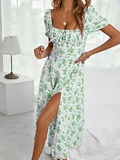 cheap Casual Floral Dresses-Women&#039;s Casual Dress Swing Dress Floral Split Print Square Neck Midi Dress Stylish Casual Daily Date Short Sleeve Summer