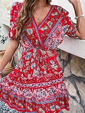 abordables Robes Bohémiennes-Femme Mini robe Robe casual Robe Trapèze Robe d&#039;été robe boheme mode Ethnique Décontractées Vacances du quotidien Rendez-vous Standard Floral Manche Courte Col V Noir Rouge Bordeaux Vert Eté