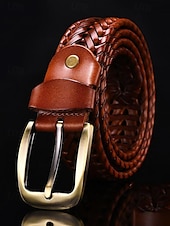 preiswerte Herrengürtel-Geflochtener Ledergürtel für Herren mit Messingschnalle – Vintage-Stil in Schwarz und Braun, verstellbar für Freizeit- und Abendgarderobe