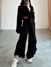 cheap Sets-Women&#039;s Fashion Shirt Two Piece Sets Pants Sets Pants Trousers Long Sleeve Round Neck Plain Ruffle Split Holiday Weekend Black Brown Beige Spring &amp; Summer Regular Fit