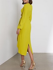 cheap Wedding Guest Dresses-Sheath Wedding Guest Dresses Elegant Dress Formal Cocktail Party Tea Length Long Sleeve V Neck Stretch Chiffon with Ruched