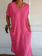 abordables Robes-Femmes Noir Rouge Vert Été Printemps Robe Midi Robes inspirées du lin Robe Décontractée Basique Moderne Occasionnel Quotidien Week-end Coupe Ample Uni Col en V