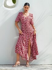 baratos vestido casual estampado-Mulheres Roupas de resort Vestido Longo Vestido Maxi Rosa Manga Curta Geométrico Com Cordão Primavera Verão Decote V férias na praia S M L
