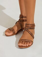 olcso Nyári szandálok-női boho strand fonott pántos lapos barna szandál | elegáns nyári kényelmes lábbeli