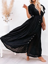 preiswerte Kleider aus Baumwolle und Leinen entwerfen-Damen Maxikleid Leinen-inspirierte Kleider Weißes Kleid Schwingkleid Sommerkleid Streetwear Maxi Basic Urlaub Ferien Strand Lässiger Schnitt Kurzarm V Ausschnitt Schwarz Weiß Khaki Beige Sommer