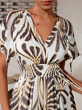 abordables Robes de vacances-Femmes Robe Midi Robe Midi Marron Manche Courte Folk Ourlet irrégulier Printemps &amp; Été Col en V Robe à Motifs S M L