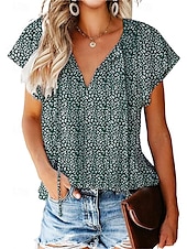 voordelige Dames eenvoudige tops-Dames Overhemd Blouse Luipaard Casual Korte mouw V-hals Normale tops Dagelijks Veters Afdrukken Zwart Geel Rood blauw Groen Zomer