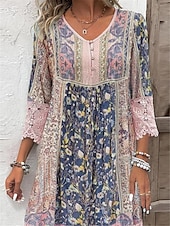 economico Abiti boho-Per donna Mini abito Abito casual Abito estivo Abito boho Informale Boho Da mare Giornaliero Morbido Floreale Manica a 3/4 A V Rosa Estate