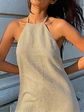 abordables concevoir des robes en coton et lin-Femmes Marron Été Printemps Mini Robe Robes en coton et lin Robe Décontractée Robe à bretelles Basique Moderne Vacances Quotidien Week-end Coupe Ample Uni Col Halter