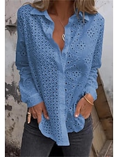 cheap Lace Tops-Women&#039;s White Elegant Lace Tops Eyelet Blouse Plain Button Cut Out Street Daily Fashion Shirt Collar Regular Fit Romantic Petite Tops Summer Holiday Wear Black White Red
