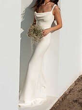 billiga lediga bröllopsklänningar-Bröllopsklänningar strandbröllop kroppsnära camisole spaghetti remsor domstolslinga satin bröllopsklänningar med pärlor solid färg