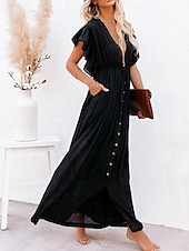 preiswerte Kleider aus Baumwolle und Leinen entwerfen-Damen Maxikleid Leinen-inspirierte Kleider Weißes Kleid Schwingkleid Sommerkleid Streetwear Maxi Basic Urlaub Ferien Strand Lässiger Schnitt Kurzarm V Ausschnitt Schwarz Weiß Khaki Beige Sommer