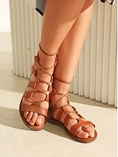 baratos Sandálias de Férias-sandálias rasteiras gladiadoras femininas – sapatos de verão com tiras abertas e design de amarração no tornozelo para estilos casuais e boho chic