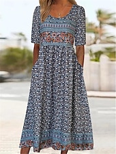 abordables Vestidos boho-Mujer Vestido Midi Vestido informal Vestido de verano Vestido bohemio Étnico Casual Vacaciones Diario Cita Ajuste regular Floral Manga Corta Cuello Barco Blanco Azul Marino Azul Real Azul Piscina