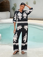 abordables Pantalons-pantalon femme noir imprimé floral jambe droite satin vacances décontracté quotidien printemps été automne