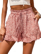 baratos Shorts-Mulheres Calção Casual Diário Curto Floral Frufru Com Cordão Bolsos laterais Respirabilidade Confortável Sem Elasticidade Para Noite Final de semana Vermelho Azul Verde Cinzento Verão Normal