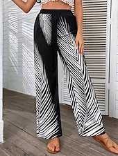 preiswerte weites Bein und hohe Taille-Damen Breites Bein Hosen Hose Casual Lang Blatt Weite Hosen Bedruckt Atmungsaktivität Komfortabel Unelastisch Ausgehen Wochenende Schwarz Weiß Khaki Frühling Sommer Regular Fit
