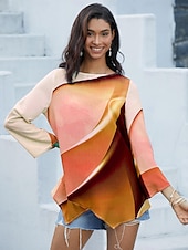 economico Top d&#039;Arte e Design per Donne-Blusa da donna a maniche lunghe con orlo asimmetrico tunica chiffon elegante stampa ombre neon e brillante orlo asimmetrico top lunghi scollo rotondo casual giornaliero rosa viola arancione verde