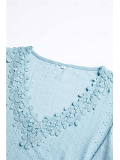 cheap Lace Tops-Women's Pointelle Shirt Eyelet Top Lace Shirt Lace Short Sleeve Flutter Sleeve Crew Neck Casual Daily Beach Blue Black White Pink Summer