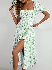 cheap Casual Floral Dresses-Women&#039;s Casual Dress Swing Dress Floral Split Print Square Neck Midi Dress Stylish Casual Daily Date Short Sleeve Summer
