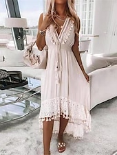 billiga Vita spetsklänningar-Dam Midiklänning Spetsklänning Solklänning Boho-klänning Vit Boho klänning bohemliv Semester Gata Helgdag Normal Ärmlös V-hals Aprikos Sommar