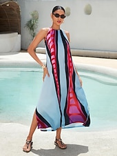economico abito casual stampato-Per donna Abito con Collo Allacciato Maxi in Raso Abito maxi Arcobaleno Senza Maniche Colore a Contrasto Blocco di colore Estate All&#039;americana Vacanza XS S M
