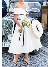 preiswerte Kleine weiße Kleider-Hochzeitskleider A-Linie Off-Shoulder Kurzarm Tee-Länge Stretchstoff Brautkleider mit Einfarbigem Material 2025