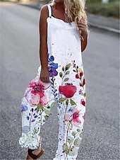 cheap Overalls-Women&#039;s Normal Overall Streetwear Floral Sleeveless Square Neck Print Street Daily Regular Fit White Pink Blue Summer