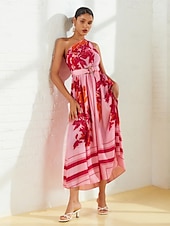 abordables robe décontractée imprimée-Femmes Robe Imprimée Robe maxi Rose Claire Sans manches Fleuri Style Floral Boucle Été Une Épaule Robes Vacances S M L