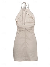abordables concevoir des robes en coton et lin-Femmes Marron Été Printemps Mini Robe Robes en coton et lin Robe Décontractée Robe à bretelles Basique Moderne Vacances Quotidien Week-end Coupe Ample Uni Col Halter