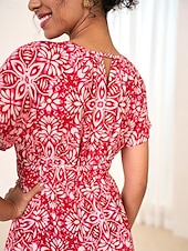 abordables Robes de vacances-robe longue en mousseline de soie à fleurs et feuilles pour femmes, col noué, manches courtes, été