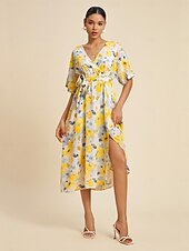 abordables robe décontractée imprimée-robe mi-longue fluide à imprimé floral