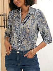halpa Naisten Boho Topit-Naisten paita elegantti vintage muoti paisley napitettu printti pitkähihainen normaalitoppi kauluskotelo rento päivittäinen loma sininen kevät syksy