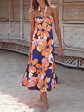 abordables Robes de vacances-Femme robe longue Robe casual Robe Évasée Robe Trapèze Robe d&#039;été mode Décontractées Vacances du quotidien Rendez-vous Standard Floral Feuille Sans Manches Dos nu Rouge Violet Orange Vert Eté