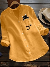 abordables Chemises-Femmes Chemise Chemisier Chemises en coton et lin Chat Basique Moderne Col en V Quotidien Imprimé Blanche Jaune Vert Véronèse Rouge Été