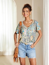 Γυναικείο T-shirt Boho Μπλούζα Paisley Εκτύπωση V-Λαιμό Κοντό Μανίκι Καθημερινό Χαλαρό Στυλ Πολύχρωμο Ελαφρύ Καλοκαίρι Μπλούζα Χαμηλού Κόστους Boho t-shirt-Γυναικείο T-shirt Boho Μπλούζα Paisley Εκτύπωση V-Λαιμό Κοντό Μανίκι Καθημερινό Χαλαρό Στυλ Πολύχρωμο Ελαφρύ Καλοκαίρι Μπλούζα