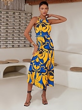 baratos Vestidos de Férias-Mulheres Vestido midi Vestido midi Amarelo Sem Manga Floral Com cinto Estampado Primavera Verão Gola Alta padrão Vestido S M L