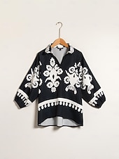 Top de mujer de satén con mangas raglán, media manga, solapa moderna, estampado negro, para vacaciones, informal, para uso diario, primavera, verano y otoño. abordables Blusas y camisas-Top de mujer de satén con mangas raglán, media manga, solapa moderna, estampado negro, para vacaciones, informal, para uso diario, primavera, verano y otoño.