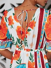 economico Abiti floreali-mini abito da donna con stampa floreale, scollo a V, manica corta, vestito estivo con motivo floreale arancione, casual, abbigliamento da spiaggia, stile elegante