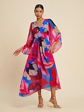 abordables Robes décontractées-Femmes Robe d&#039;invité de mariage Robe d&#039;Été Robe d&#039;été Robe Longue Maxi Robe Rose rouge manche longue Mode Fleurs Fleurs / Plantes Col en V Ourlet irrégulier Style Floral Printemps &amp; Été Col en V