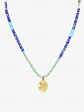 baratos Colar Feminino-Mulheres Colares com Pendentes Colares em Corrente Colar de miçangas Azul Latão Minerais Naturais Elegante Boêmia Moda Redonda