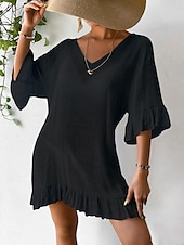 cheap Beach Dresses-Women&#039;s Beach Dresses Mini Dress Backless Ruffle Hem Vacation Beach Streetwear Basic V Neck 3/4 Length Sleeve Black White Color