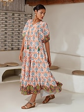 Per donna Vestito a ruota Abito Stampato Abito maxi Arcobaleno Maniche Corte Totem Nazionale Stampa Estate Scollo a V Vacanza Etnico. XS S M economico Abiti floreali-Per donna Vestito a ruota Abito Stampato Abito maxi Arcobaleno Maniche Corte Totem Nazionale Stampa Estate Scollo a V Vacanza Etnico. XS S M