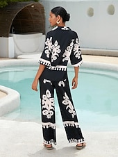 Top de mujer de satén con mangas raglán, media manga, solapa moderna, estampado negro, para vacaciones, informal, para uso diario, primavera, verano y otoño. abordables Blusas y camisas-Top de mujer de satén con mangas raglán, media manga, solapa moderna, estampado negro, para vacaciones, informal, para uso diario, primavera, verano y otoño.