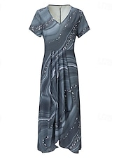 baratos Vestidos de Festa-Mulheres Vestido midi Vestido casual Vestido de chiffon Vestido Swing Vestido A Line Roupa de rua Evasê Férias Rua Feriado Normal Âmbar impressão de mármore Manga Curta Decote V Cinzento Verão